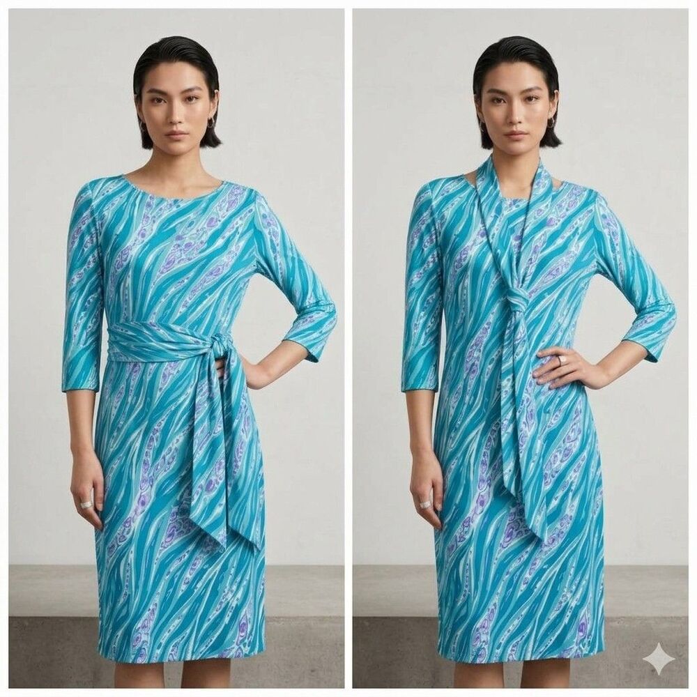 Bob Mackie Wearable Art Shift Dress L Blue Abstract Print Scarf Sash Belt